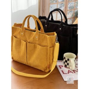 Autumn Winter Multi-Pocket Thick Corduroy Simple Commuter Tote Student Leisure Literary Handbag Shoulder Bag