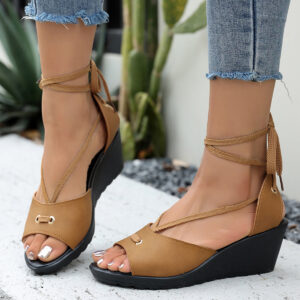 Plus Size Wedge Sandals for Women High Heel Ankle Strap Fish Mouth Roman Sandals