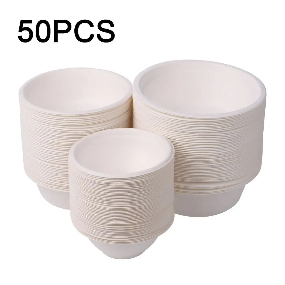 50PCS/Pack 220/350/500ml Disposable Dinnerware ECO-Friendly White Paper Bowl Disposable Tableware Outdoor Party Dining Supply
